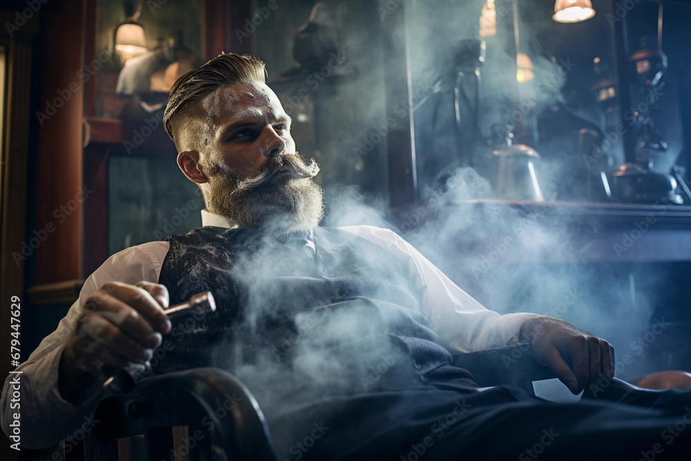 Vintage Styled Bearded Man Relaxing in Armchair with Whiskey and Smoke