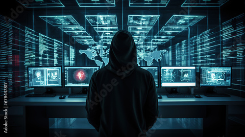 Unseen Hacker s Realm  Hooded Hacker in Modern Technological Monitoring Control Room with Digital Screens Background