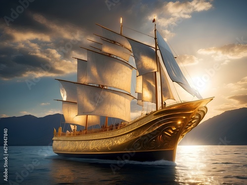 golden sailboat in the sea photo