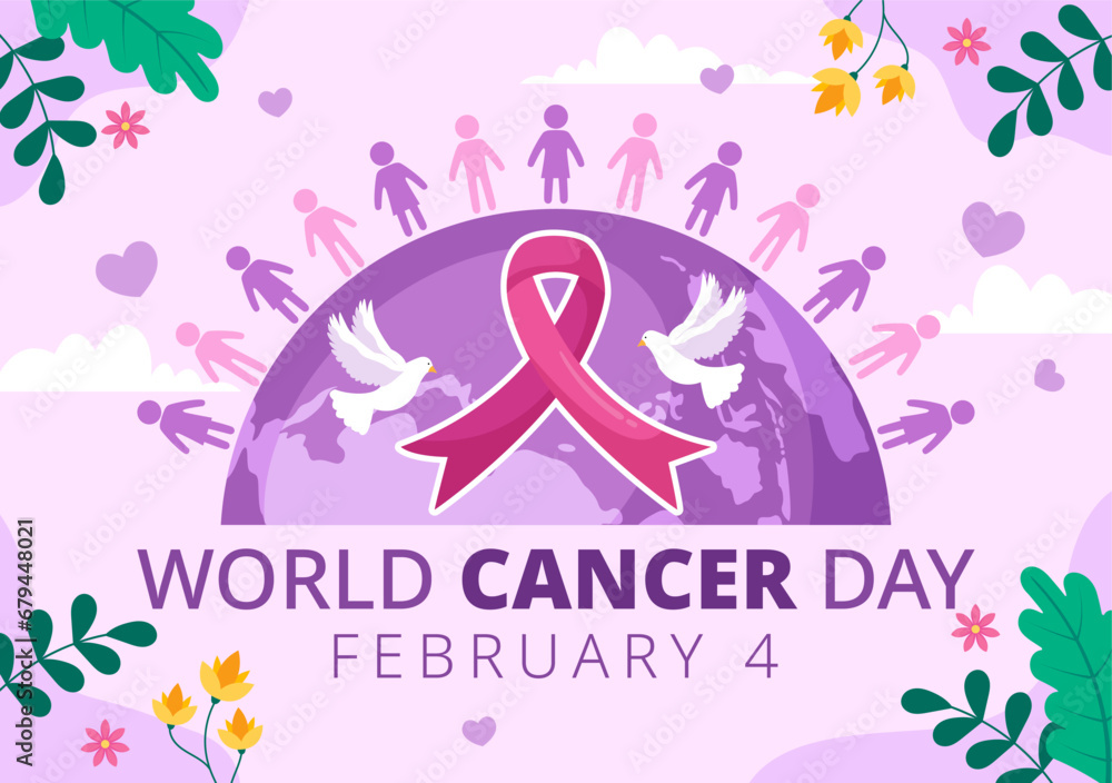 Fototapeta premium World Cancer Day Vector Illustration on February 4 with Ribbon to Raise Awareness of Cancer and Female Healthcare in Flat Cartoon Background