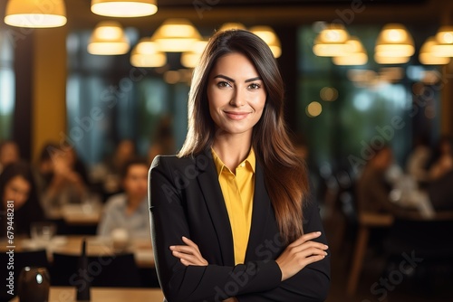 smiley businesswoman in conference room, with copy space, beautiful background