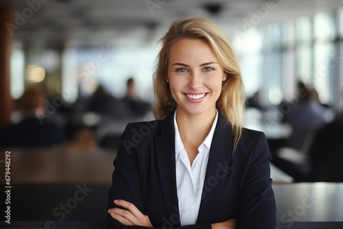 smiley businesswoman in conference room, with copy space, beautiful background photo