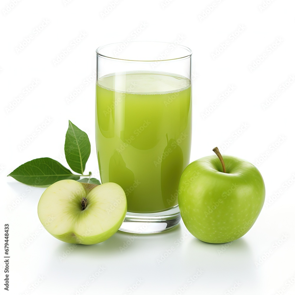 Green Apple fruit, with a glass Green apple juice, white background Green Apple fruit, with a glass Green apple juice, white background