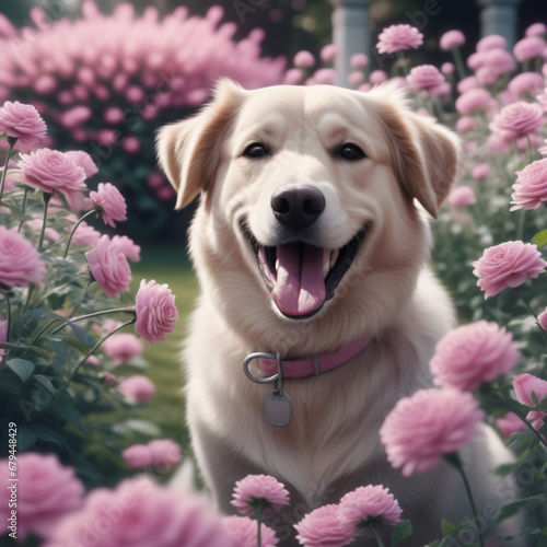 golden retriever in the garden with pink flowers Generative AI