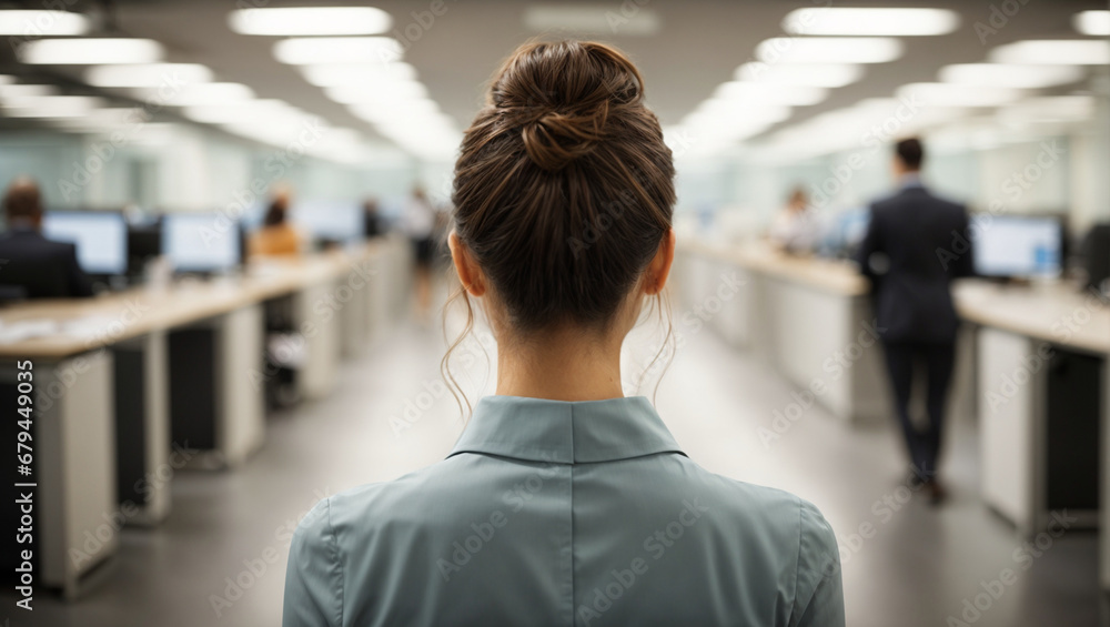Obraz premium Young woman standing at office with blurred background