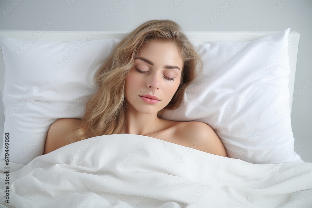 Close up face sleeping seeing dreams in comfortable bed, enough of fresh sheet snatural beauty concept Close up face sleeping seeing dreams in comfortable bed, enough of fresh sheet snatural beauty concept