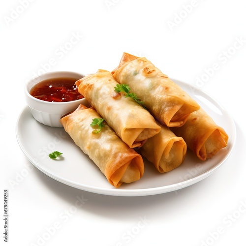 Fried spring rolls with sweet chili sauce and lime on plate Generative AI