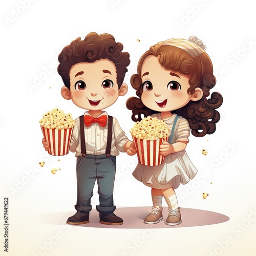 A flat color popcorn eating boy and girl cartoon on white background Generative AI