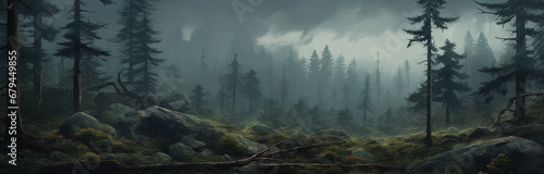 深い霧の中の森の風景　暗い雨上がりの様子 photo