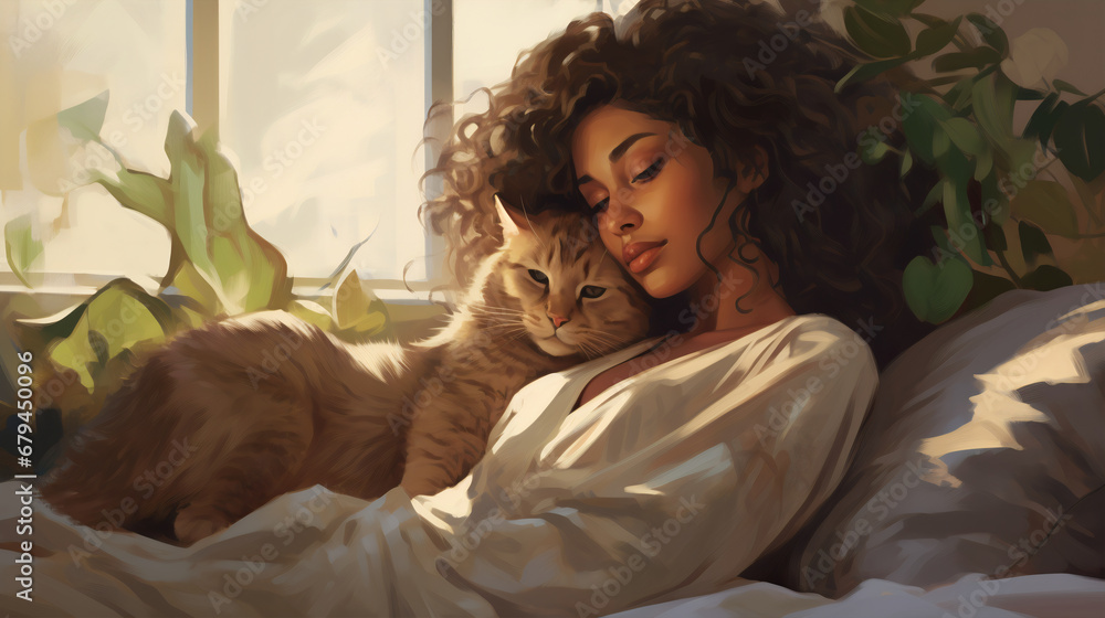 A woman and a cat enjoying together in a cozy house - obrazy, fototapety, plakaty 