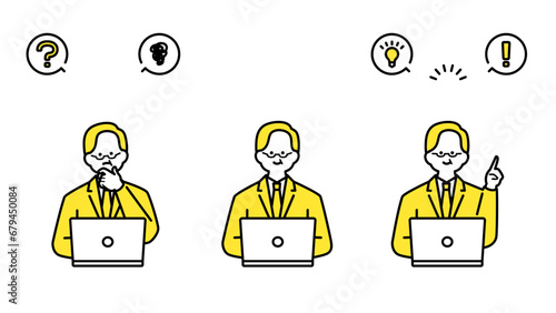 ノートパソコンに向かうスーツ姿のベテラン男性の表情バリエーション.