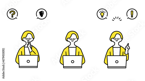 ノートパソコンに向かうベテラン女性の表情バリエーション.