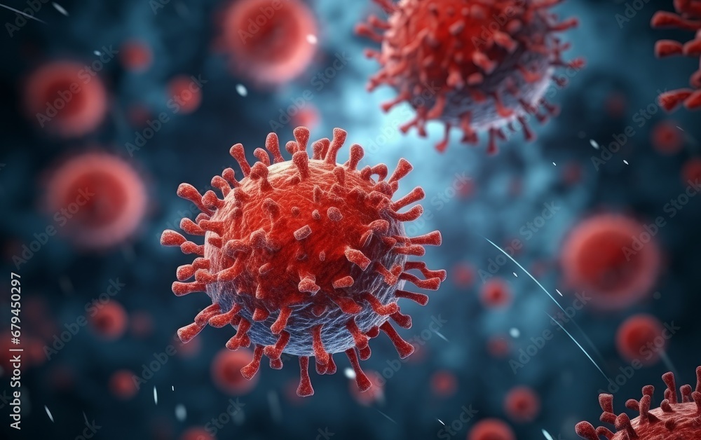 Red virus or bacteria macro in the body of person infected with coronavirus AI