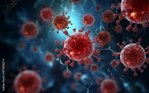 Red virus or bacteria macro in the body of person infected with coronavirus AI