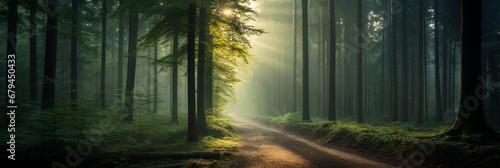 日光の差し込む森の中の小道
