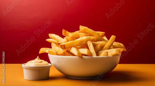 Golden French Fries with Creamy Mayonnaise on Red Background