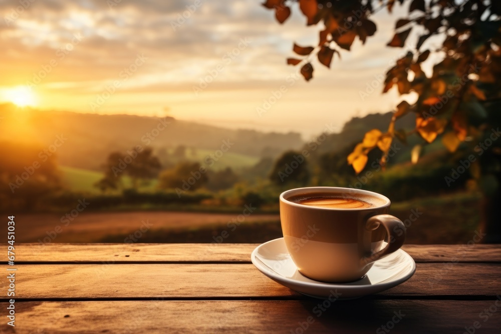 Fresh coffee cup outdoor in front of beautiful nature sunrise. Generative AI. Fresh coffee cup outdoor in front of beautiful nature sunrise. Generative AI.
