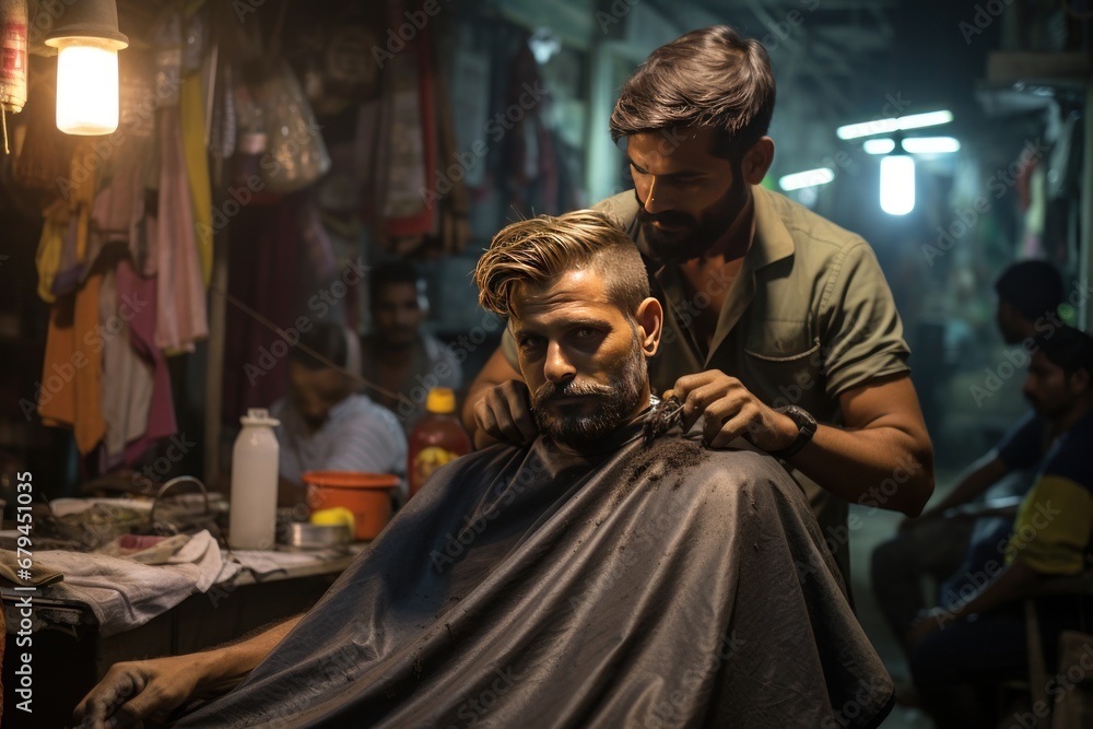 Hairdresser cutting man's hair on the streets of India. Generative AI.