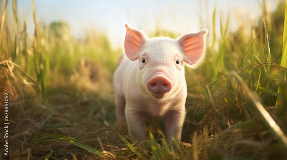 牧草地に立つかわいい豚 牧草地に立つかわいい豚