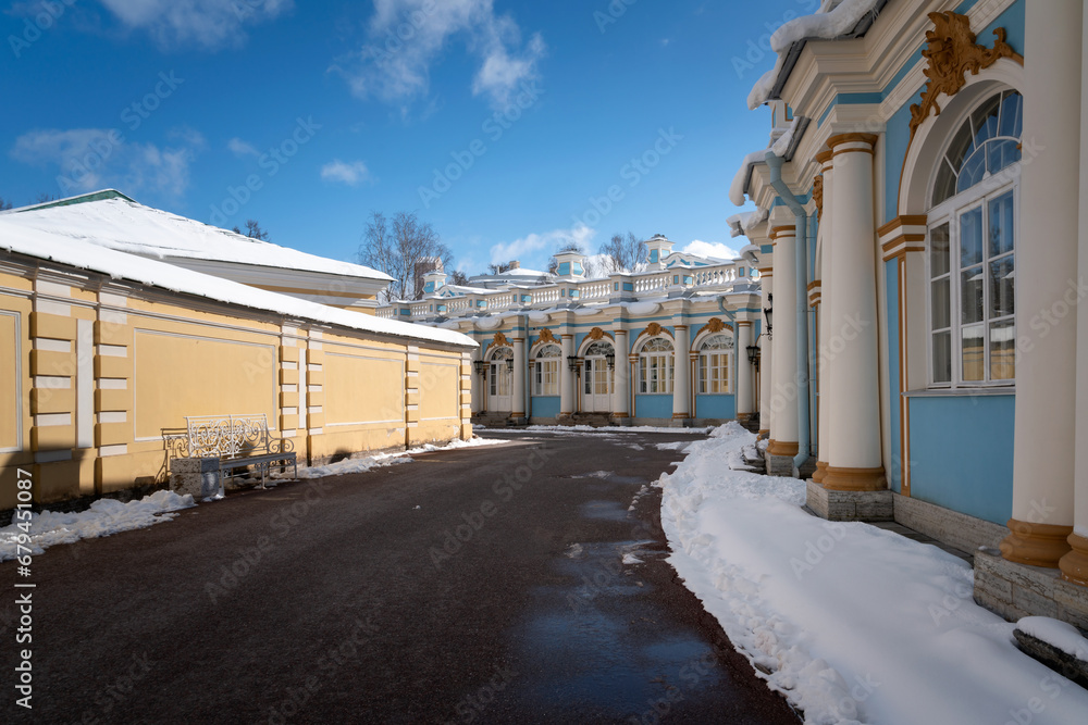 View of the one-story building of the circumference of the Catherine Palace of Tsarskoye Selo on a sunny winter day, Pushkin, St. Petersburg, Russia