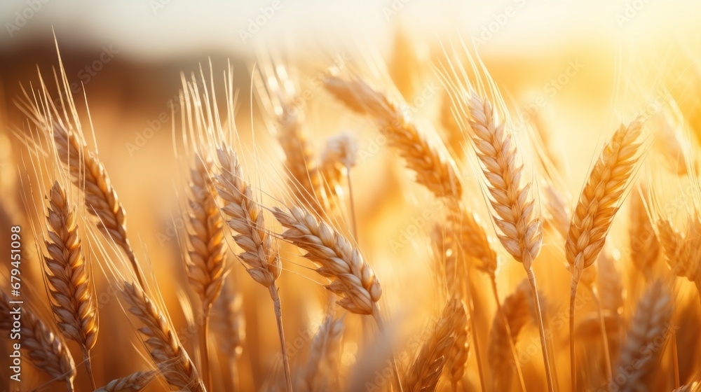 Wheat field Ears of golden wheat close up. Beautiful nature sunset landscape. Generative AI.