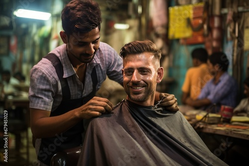 Hairdresser cutting man's hair on the streets of India. Generative AI.