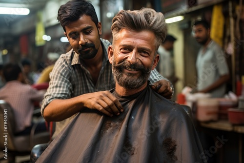 Hairdresser cutting man's hair on the streets of India. Generative AI.