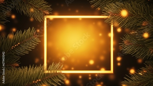 Yellow neon frame with close up Christmas spruce branches with copy space. Generative AI.