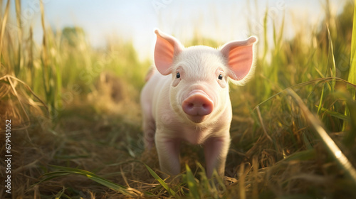 牧草地に立つかわいい豚