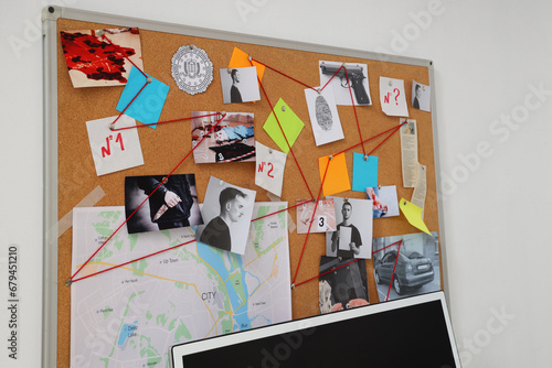 Crime board on light wall in FBI agent's office