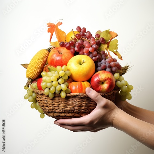 Grateful Thanksgiving  with hands holding flowers and fruits a harvest  on a white background