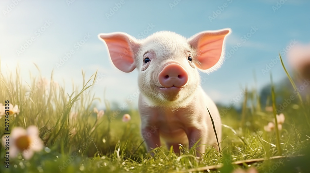牧草地に立つかわいい豚 牧草地に立つかわいい豚