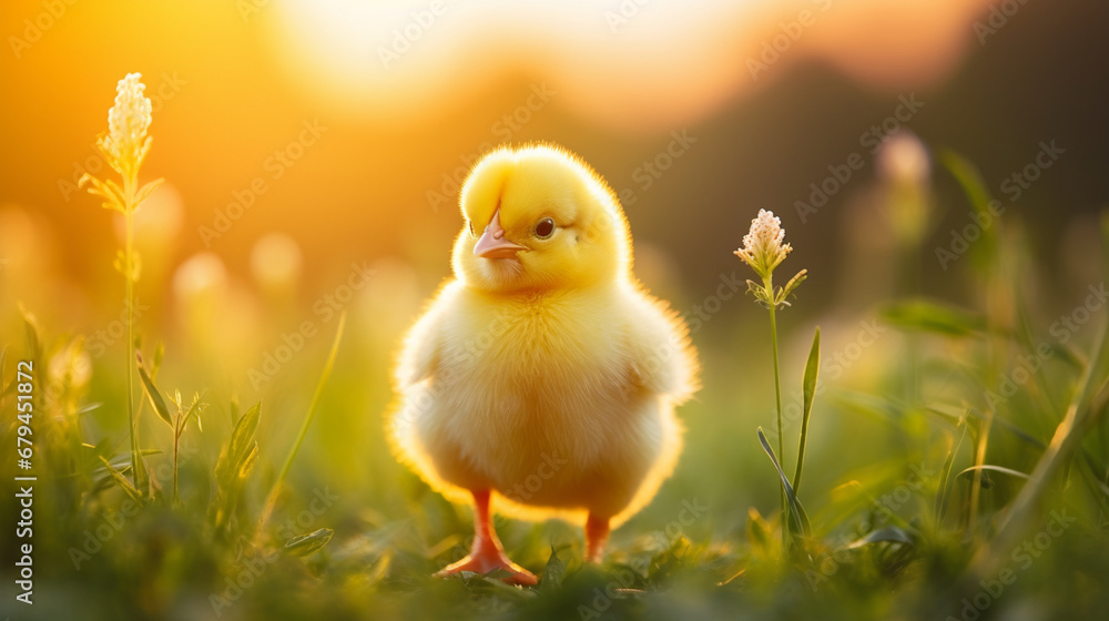 牧草地を散歩するかわいい黄色のひよこ 牧草地を散歩するかわいい黄色のひよこ