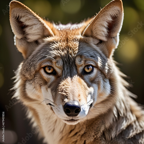 Portrait of a coyote, shown close-up.