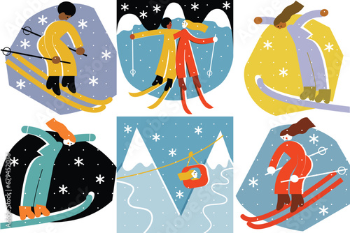 Fototapeta Naklejka Na Ścianę i Meble -  Set, women ski on a winter evening among the stars and snow. Skiing winter activities during Сhristmas holidays. Hand drawing vector isolated on white background. Retro or vintage print style