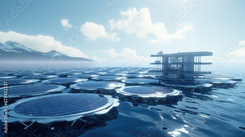 A floating solar farm on a futuristic aquaculture platform photo
