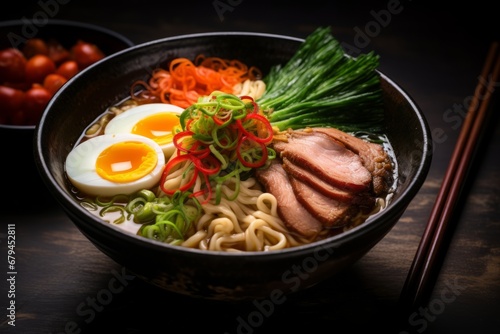 A steaming bowl of authentic Japanese ramen  filled with colorful vegetables  tender slices of pork  and perfectly cooked noodles  served in a traditional ceramic bowl