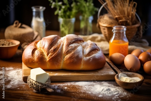A freshly baked, golden brown brioche loaf on a rustic wooden table, surrounded by ingredients like eggs, flour, and butter, with a warm, inviting kitchen background photo