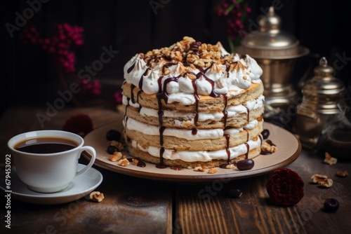 A deliciously layered Kyiv cake topped with roasted hazelnuts and meringue, placed on a rustic wooden table with a cup of hot coffee and a vintage cake server