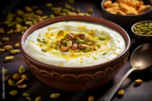 Delicious bowl of Shrikhand, a traditional Indian sweet dessert made from strained yogurt, garnished with saffron strands, pistachios and served in a ceramic bowl on a rustic wooden table photo