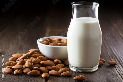 A beautifully captured image of freshly made almond milk in a glass bottle, placed on a rustic wooden table with scattered almonds and a vintage milk jug in the background