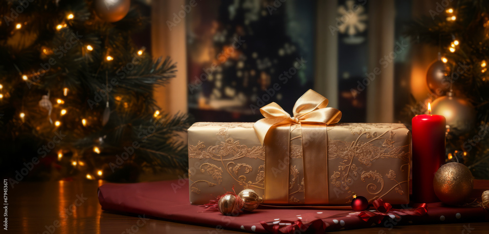 Luxurious gift box with ribbon and candle behind on a red tablecloth with copy space. Cozy background with festive Christmas tree. Generative ai Luxurious gift box with ribbon and candle behind on a red tablecloth with copy space. Cozy background with festive Christmas tree. Generative ai