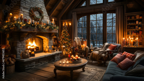 Festive decorated living room with a warm fireplace  holiday ornaments  comfortable armchairs  and a beautiful Christmas tree. Generative AI