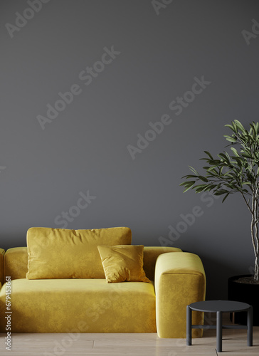 Living room with dark gray wall background blank. Interior design lounge scene for art. Grey deep paint and bright yellow ochre mustard sofa. Vertical picture. Modern minimalist style hall. 3d render 