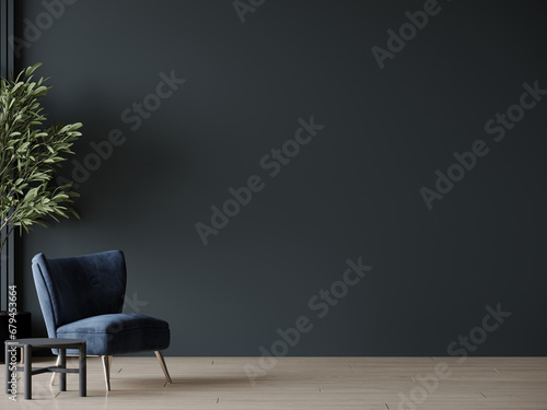 Blue livingroom - modern interior and rich furniture design. Mockup for art - empty painted navy dark black wall. Deep cobalt chair and blank cyan background. Luxury premium lounge hall. 3d render