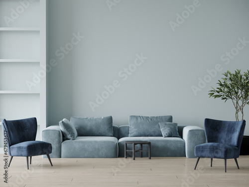 Luxury premium living room with set lounge furniture - armchairs and sofa. Painted pale blue accent empty wall for art. Light room interior design. Mockup space blue azure teal colors. 3d render  photo