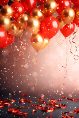 Celebration party banner background with red, gold balloons, carnival, festival or birthday balloon red background, red celebration background template