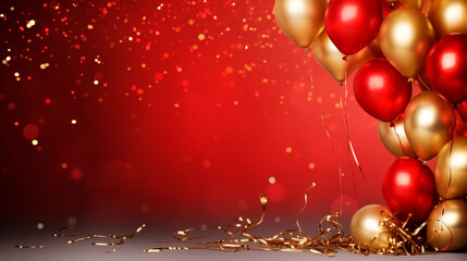 Celebration party banner background with red, gold balloons, carnival, festival or birthday balloon red background, red celebration background template
