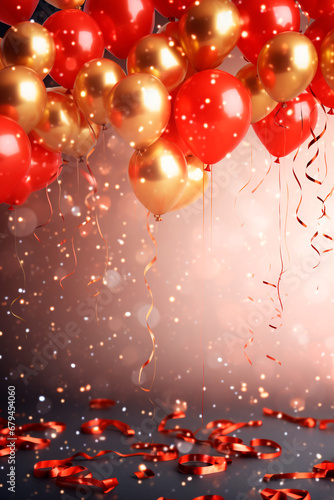 Celebration party banner background with red, gold balloons, carnival, festival or birthday balloon red background, red celebration background template