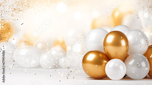 Celebration party banner background with white, gold balloons, carnival, festival or birthday balloon celebration background template, Illustrations for advertising